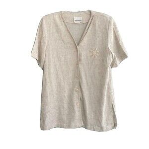 Erin London Woman's Button Up Collared Shirt ~ Sz S ~ Cream ~ Short Sleeve